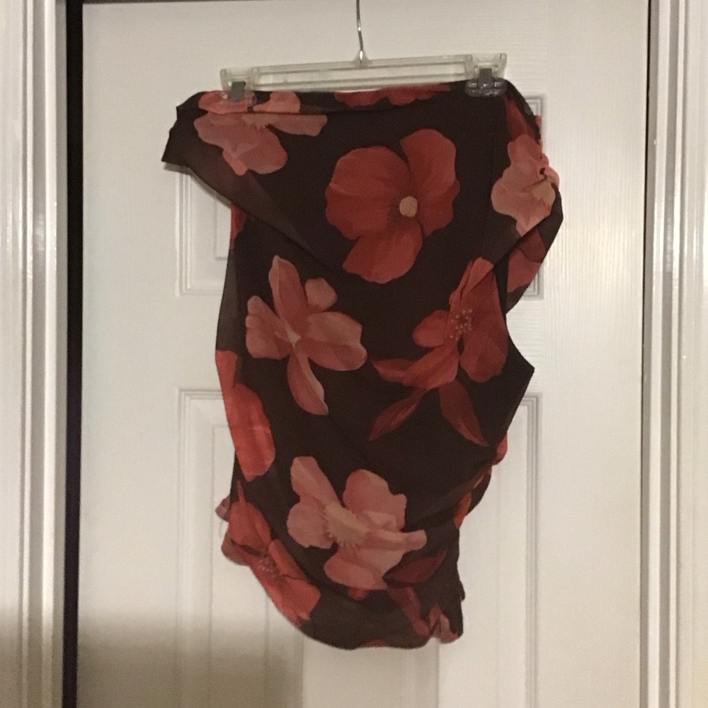 Mango Asymmetrical Floral Skirt in Dark Brown and Red